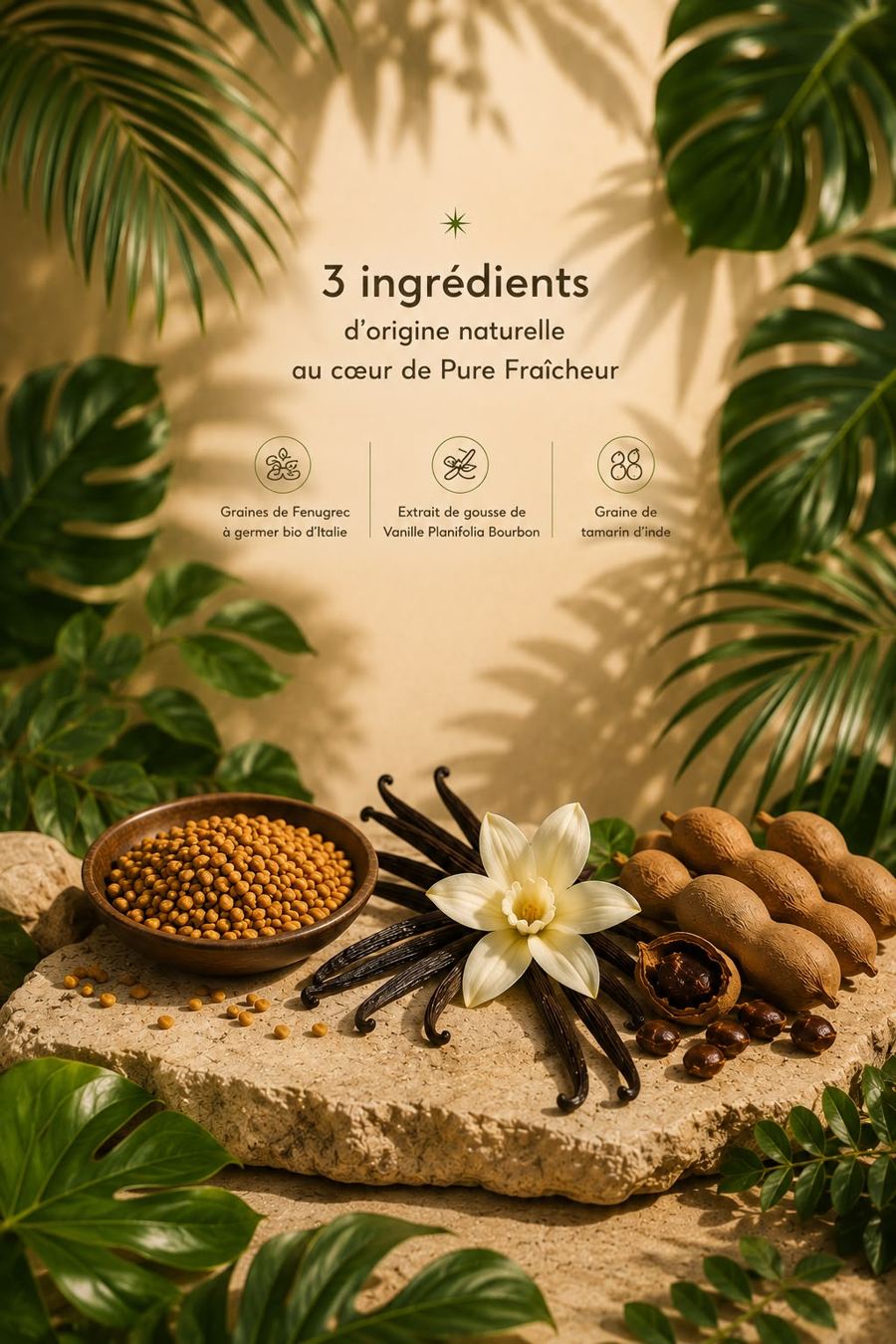 Graines de fenugrec, gousses et fleur de vanille, gousses de tamarin disposés sur une pierre